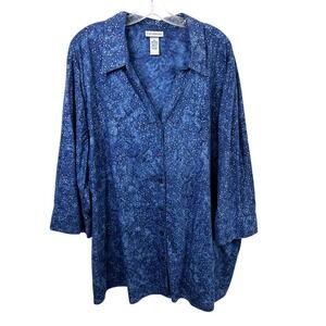 Catherines 3X Top 26/28W Blue Silver Star Print Cotton Button Down Celestial 270